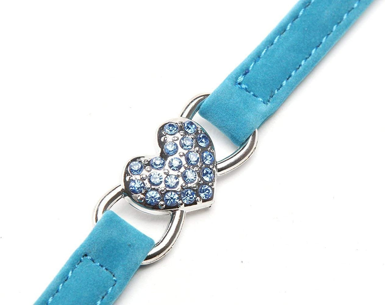 Adjustable Soft Velvet Cat Collar with Crystal Heart Charm and Bells, 8-11 Inches, Available in Black, Red, Pink, and Blue