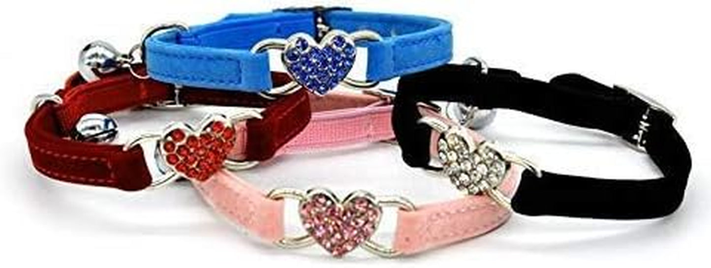 Adjustable Soft Velvet Cat Collar with Crystal Heart Charm and Bells, 8-11 Inches, Available in Black, Red, Pink, and Blue