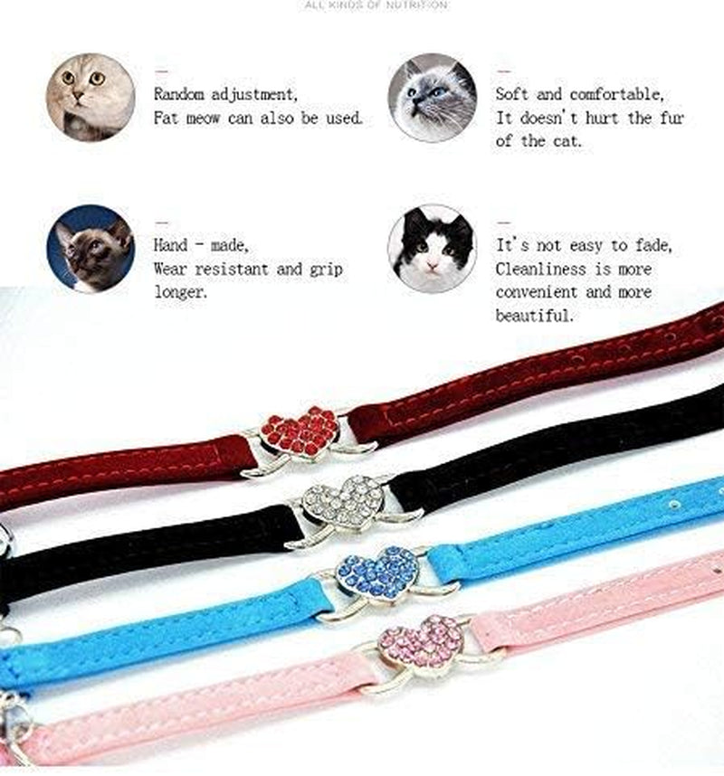 Adjustable Soft Velvet Cat Collar with Crystal Heart Charm and Bells, 8-11 Inches, Available in Black, Red, Pink, and Blue