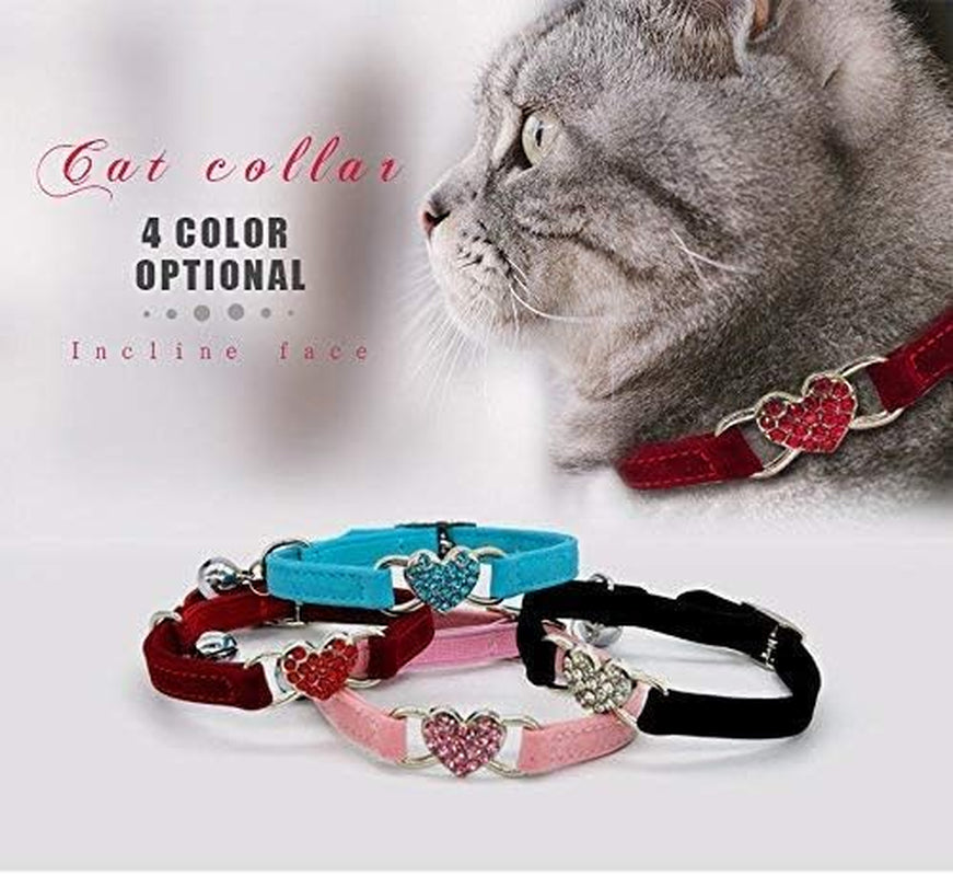 Adjustable Soft Velvet Cat Collar with Crystal Heart Charm and Bells, 8-11 Inches, Available in Black, Red, Pink, and Blue