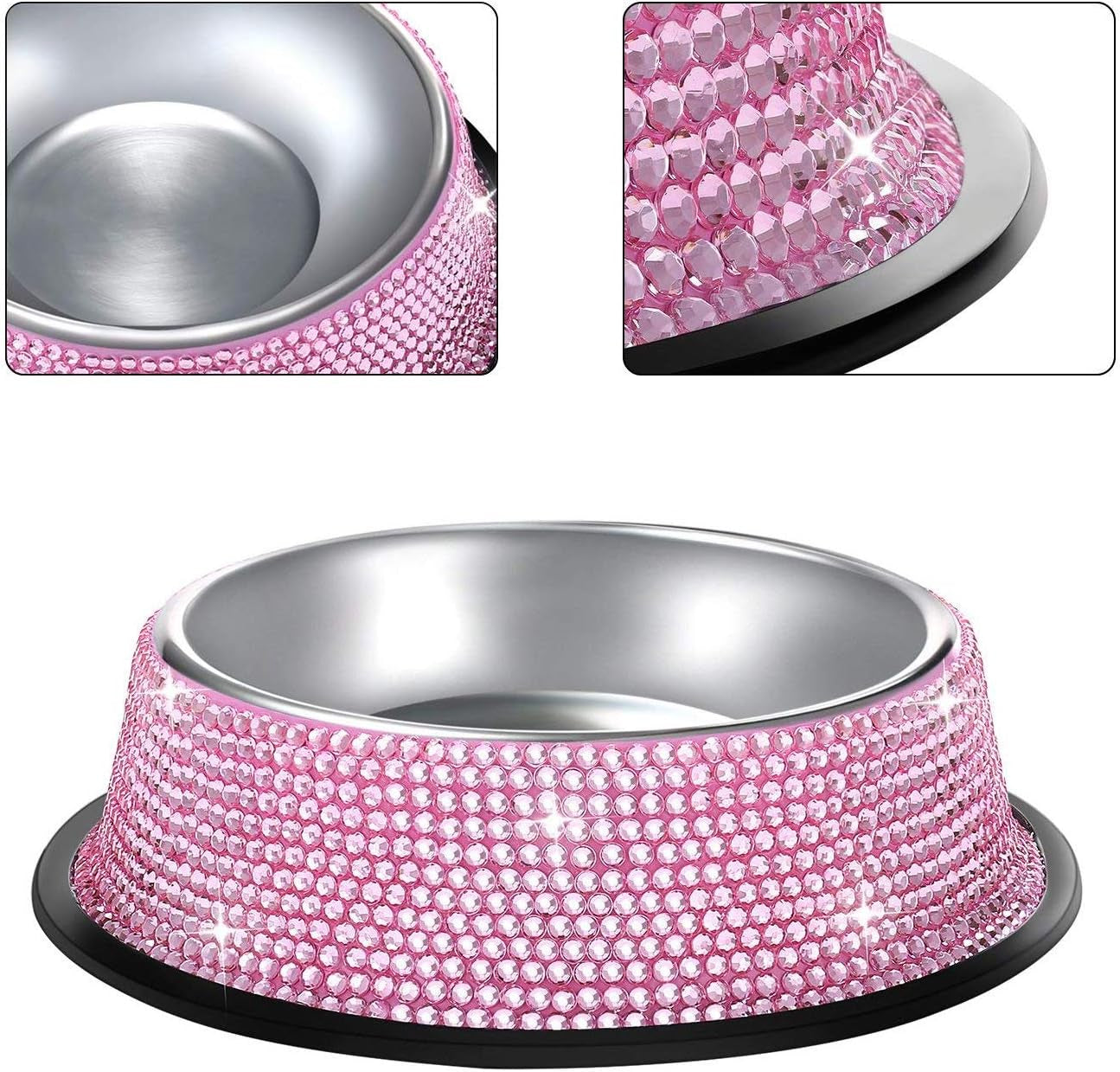 Sparkling Pink Bling Dog Bowls - Set of 2 Handmade Rhinestone Stainless Steel Feeders for Pets 640ML (21.6 Fluid Ounces)
