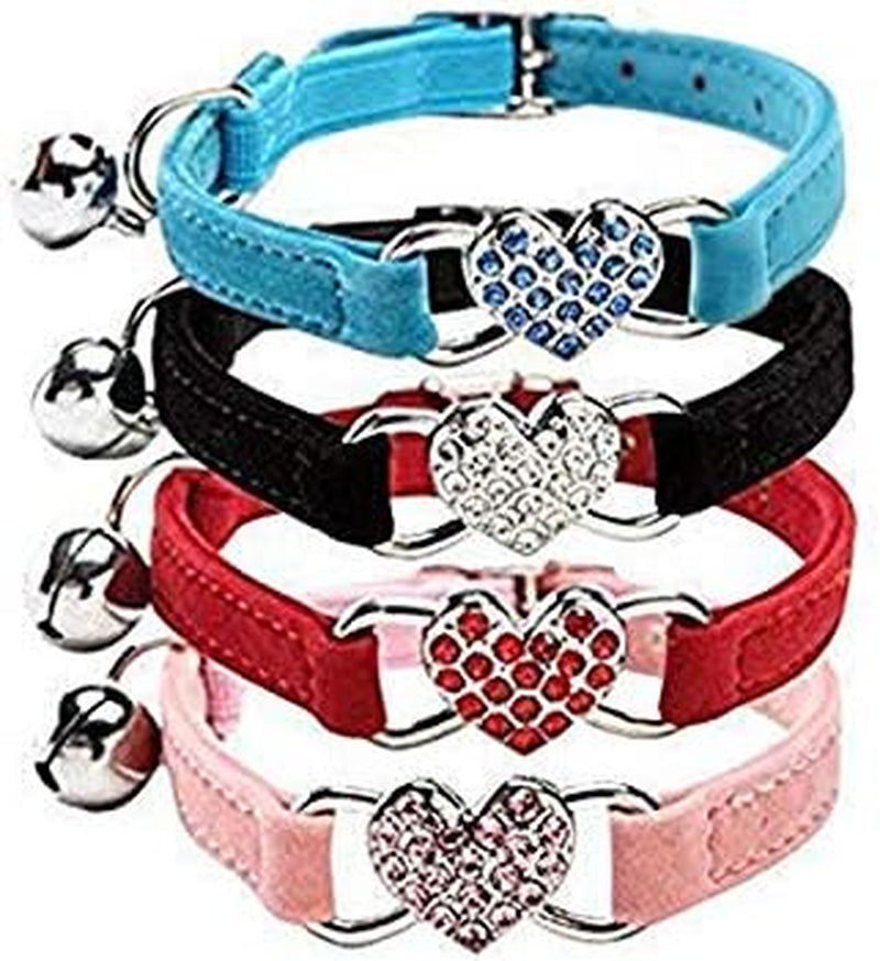 Adjustable Soft Velvet Cat Collar with Crystal Heart Charm and Bells, 8-11 Inches, Available in Black, Red, Pink, and Blue