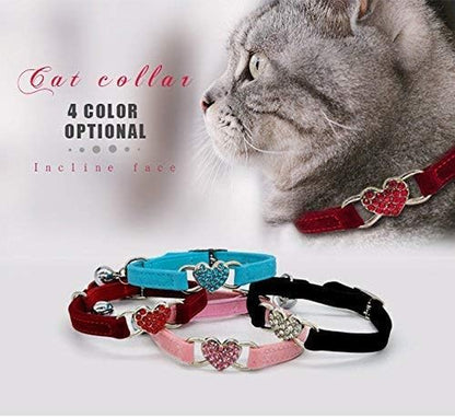 Adjustable Soft Velvet Cat Collar with Crystal Heart Charm and Bells, 8-11 Inches, Available in Black, Red, Pink, and Blue